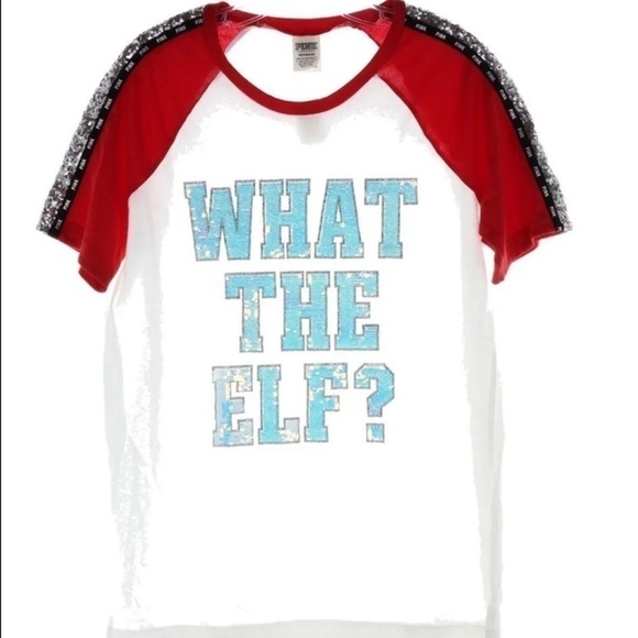VS PINK Short Sleeve ‘What The Elf’ Bling Campus Tee - Picture 1 of 8